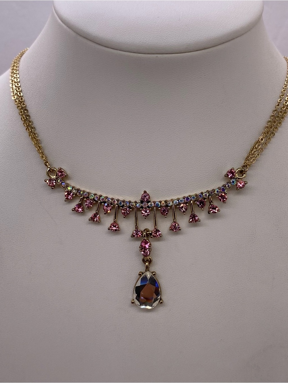 Betsy Johnson Gold-Tone Necklace with Pink Crystals and Teardrop Pendant